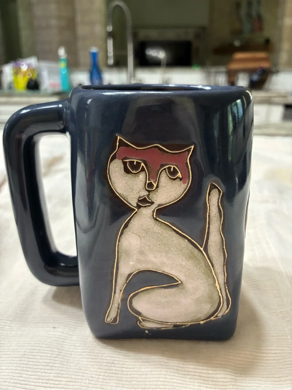 Mara Stoneware Pottery Designs Cat Accent Mug - Navy Blue and Gold
